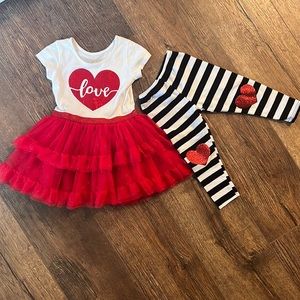 Size 2T Valentine’s dress and heart and striped leggings.